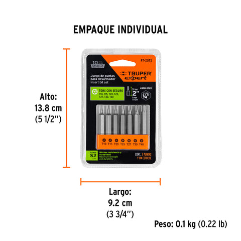 Juego de 7 puntas torx combinadas c/seguro largo 2', Expert | P7-20TS | 17813
