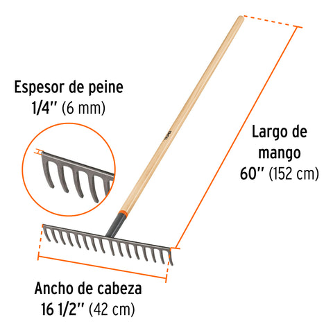 Rastrillo recto de 16 dientes, mango de 60', Truper | R-16M | 17880