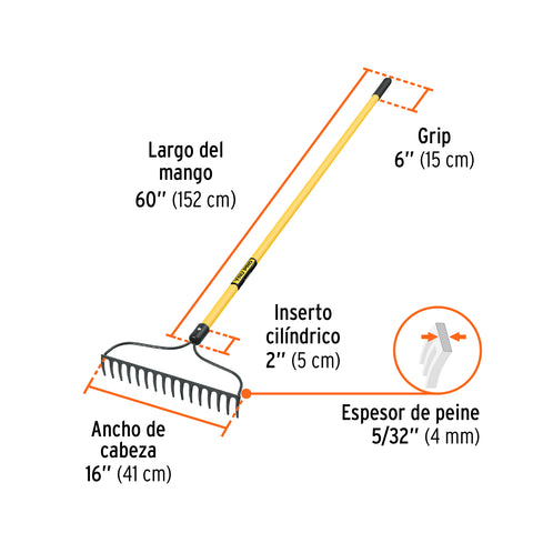 Rastrillo jardinero, 16 dientes, mango 60' fibra de vidrio | R-16AMF | 17885
