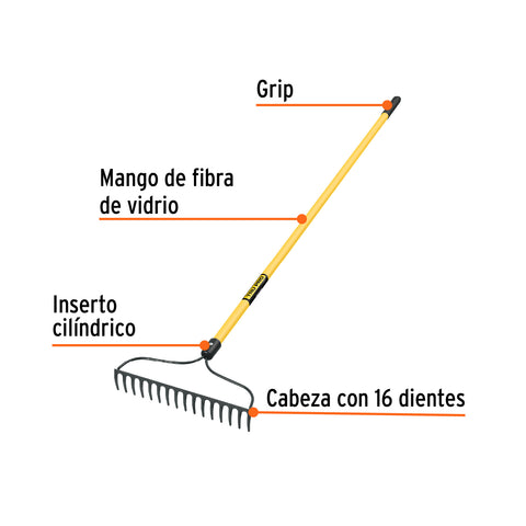 Rastrillo jardinero, 16 dientes, mango 60' fibra de vidrio | R-16AMF | 17885