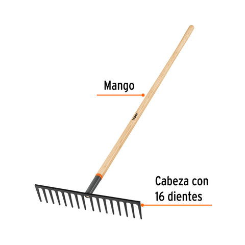Rastrillo recto reforzado, 16 dientes, mango de 60', Truper | R-16MX | 17888