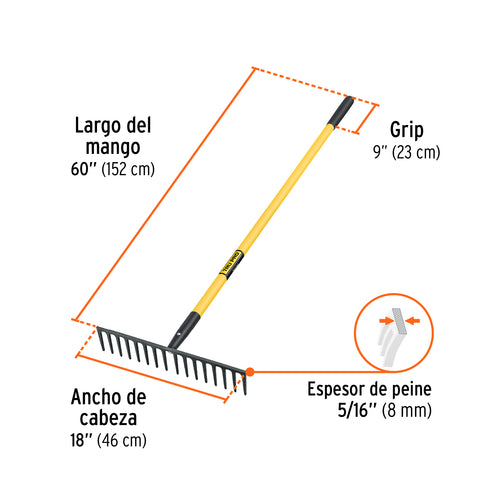 Rastrillo recto reforzado 16 dientes, mgo fibra d/vidrio 60' | R-16MF | 17894