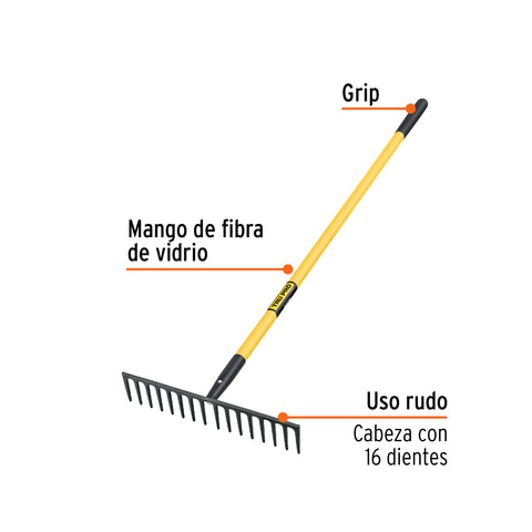 Rastrillo recto reforzado 16 dientes, mgo fibra d/vidrio 60' | R-16MF | 17894