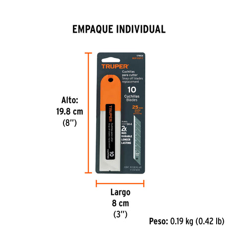 Estuche con 10 cuchillas SK4 de 25 mm para cutter, Truper | REP-CUT-7 | 17903