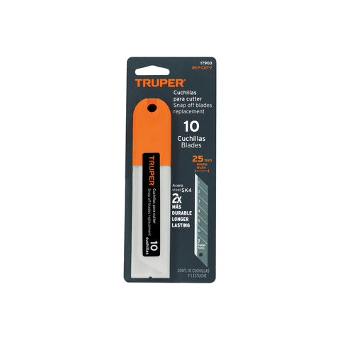 Estuche con 10 cuchillas SK4 de 25 mm para cutter, Truper | REP-CUT-7 | 17903