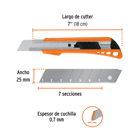 Cutter 25 mm reforzado de plástico con alma metálica, Truper | CUT-7 | 17904