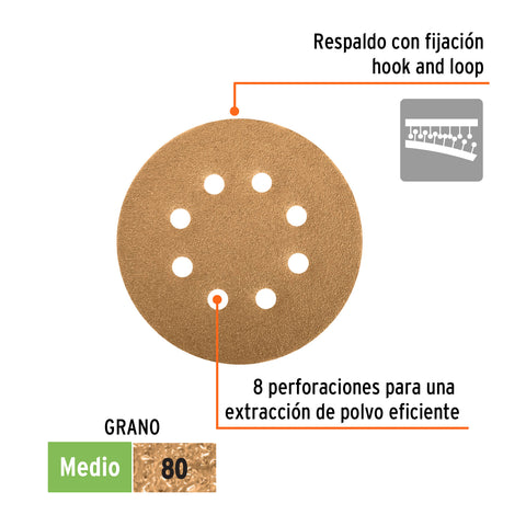 Paquete c/5 discos de lija 5' grano 80, 8 perforaciones | DIRO-58 | 17942