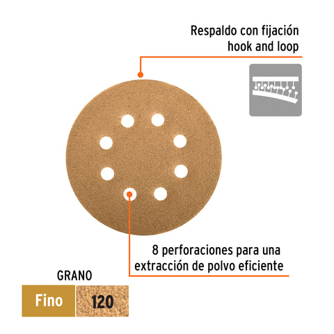 Paquete c/5 discos de lija 5' grano 120, 8 perforaciones | DIRO-512 | 17950