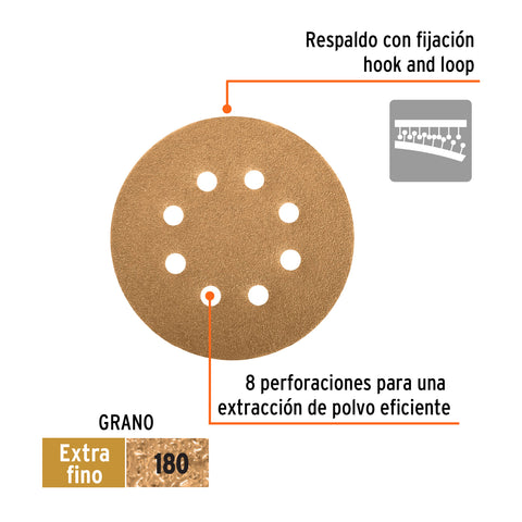 Paquete c/5 discos de lija 5' grano 180, 8 perforaciones | DIRO-518 | 17952
