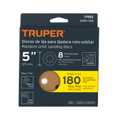 Paquete c/5 discos de lija 5' grano 180, 8 perforaciones | DIRO-518 | 17952