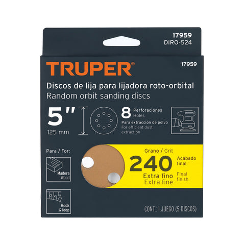 Paquete c/5 discos de lija 5' grano 240, 8 perforaciones | DIRO-524 | 17959