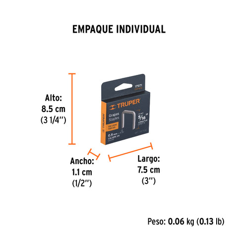 Caja con 1000 grapas 5/16'corona 11.3 mm para ET-21, Truper | ET-21-5/16 | 17971