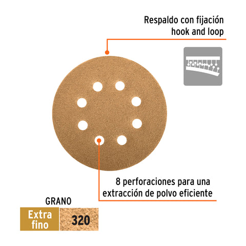 Paquete c/5 discos de lija 5' grano 320, 8 perforaciones | DIRO-532 | 17983