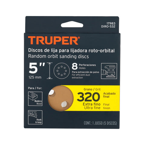 Paquete c/5 discos de lija 5' grano 320, 8 perforaciones | DIRO-532 | 17983