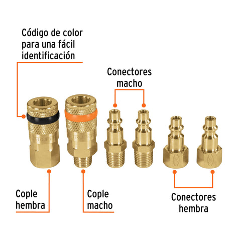 Juego de 4 conectores rápidos y 2 coples, de latón, TRUPER | CORAL-6 | 18075