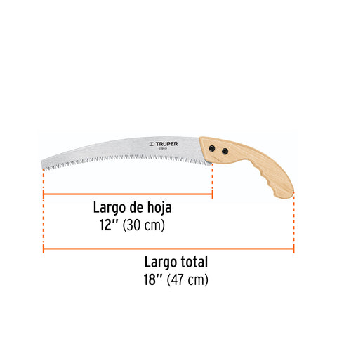 Serrucho de poda 12',hoja curva,6 DPP, mango madera, TRUPER | STP-12 | 18171
