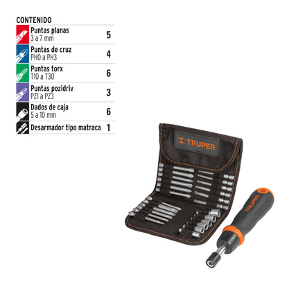 Desarmador tipo matraca con 18 puntas y 6 dados, Truper | JDM-26 | 18219