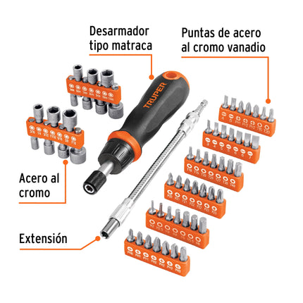 Desarmador tipo matraca con 42 puntas, 14 dados y extensión | JDM-58 | 18220