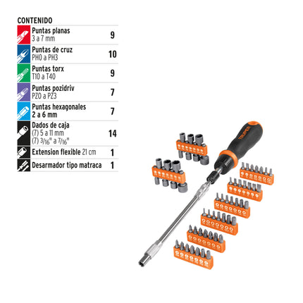 Desarmador tipo matraca con 42 puntas, 14 dados y extensión | JDM-58 | 18220