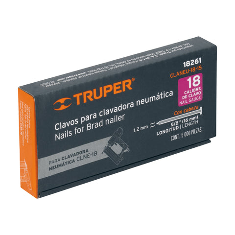 Caja con 5000 clavos calibre 18, 15 mm para CLNE-18, Truper | CLANEU-18-15 | 18261