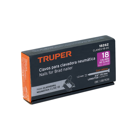 Caja con 5000 clavos calibre 18, 20 mm para CLNE-18, Truper | CLANEU-18-20 | 18262