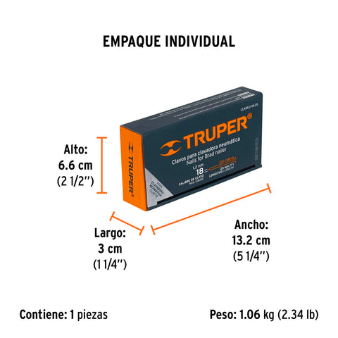Caja con 5000 clavos calibre 18, 25 mm para CLNE-18, Truper | CLANEU-18-25 | 18263