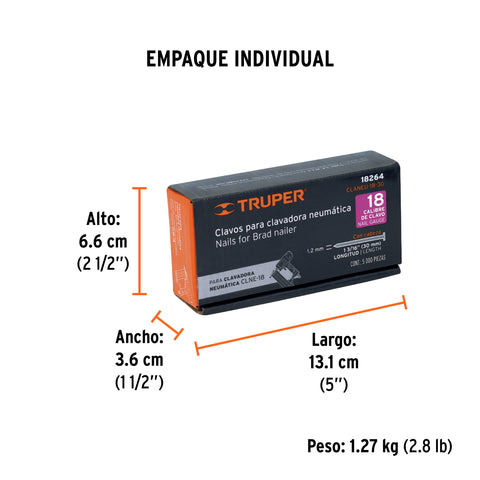 Caja con 5000 clavos calibre 18, 30 mm para CLNE-18, Truper | CLANEU-18-30 | 18264