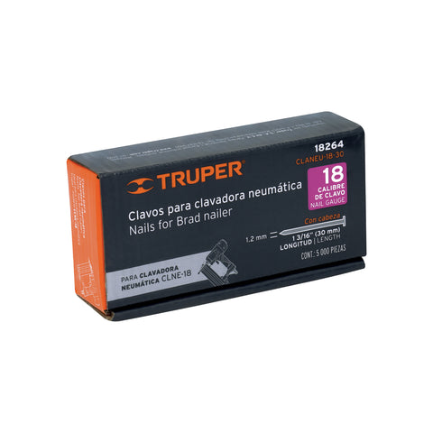 Caja con 5000 clavos calibre 18, 30 mm para CLNE-18, Truper | CLANEU-18-30 | 18264