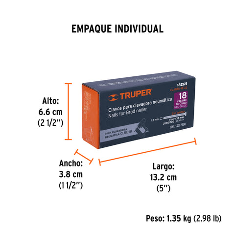 Caja con 5000 clavos calibre 18, 32 mm para CLNE-18, Truper | CLANEU-18-32 | 18265