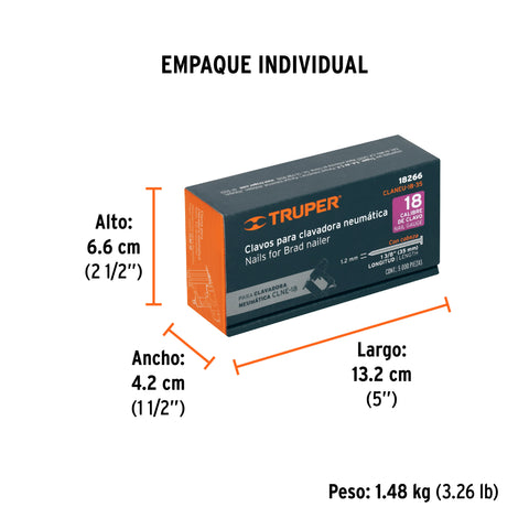 Caja con 5000 clavos calibre 18, 35 mm para CLNE-18, Truper | CLANEU-18-35 | 18266