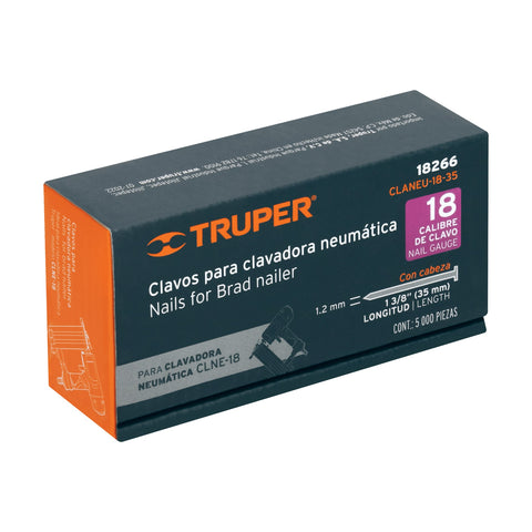 Caja con 5000 clavos calibre 18, 35 mm para CLNE-18, Truper | CLANEU-18-35 | 18266