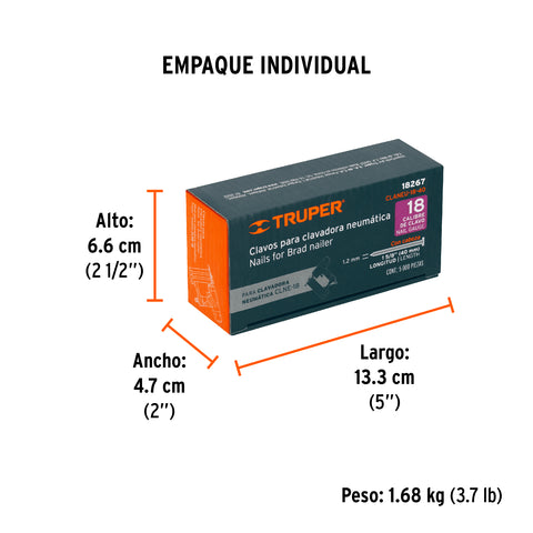 Caja con 5000 clavos calibre 18, 40 mm para CLNE-18, Truper | CLANEU-18-40 | 18267