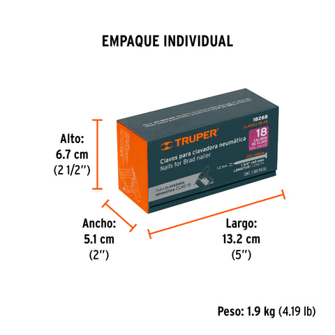 Caja con 5000 clavos calibre 18, 45 mm para CLNE-18, Truper | CLANEU-18-45 | 18268