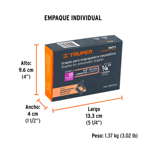Caja con 5000 grapas corona 1/4' calibre 18, 16mm p/ENNE-120 | GRANEU-1/4-16 | 18271