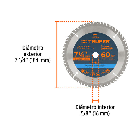 Disco sierra 7- 1/4' para madera, 16 dientes centro 5/8' | ST-716 | 18298