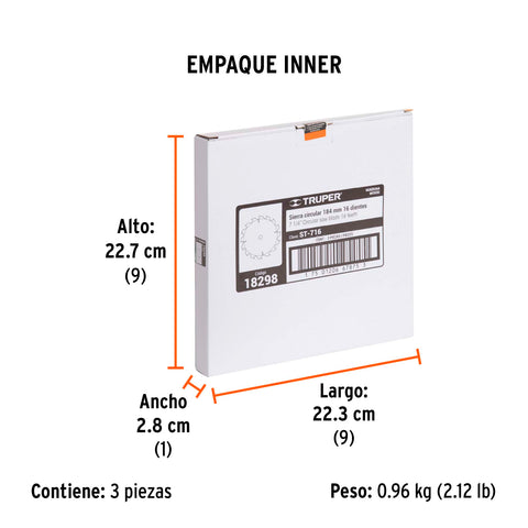 Disco sierra 7- 1/4' para madera, 16 dientes centro 5/8' | ST-716 | 18298