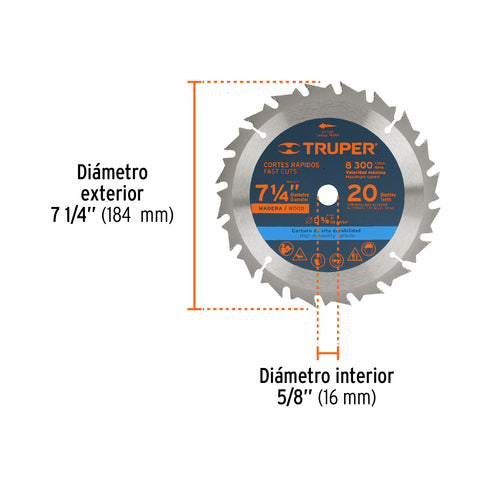 Disco sierra 7- 1/4' para madera, 20 dientes centro 5/8' | ST-720 | 18299