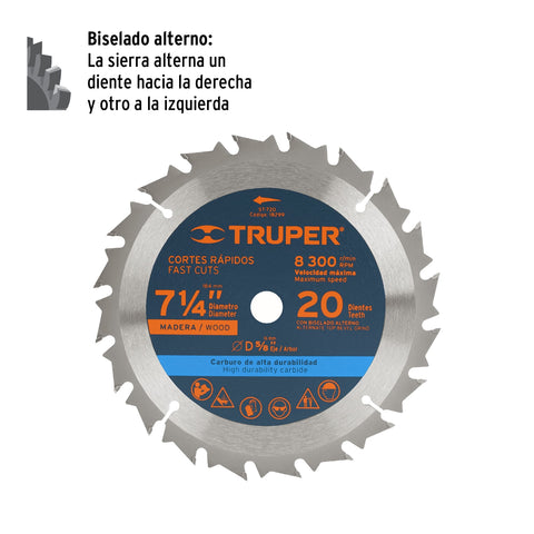Disco sierra 7- 1/4' para madera, 20 dientes centro 5/8' | ST-720 | 18299