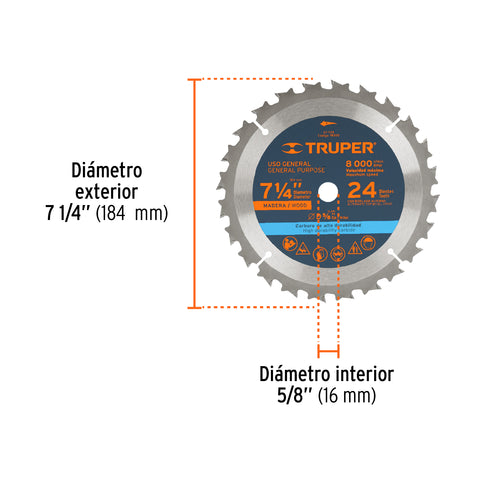 Disco sierra 7- 1/4' para madera, 24 dientes centro 5/8' | ST-724 | 18300