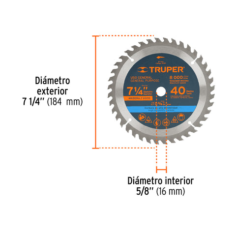 Disco sierra 7- 1/4' para madera, 40 dientes centro 5/8' | ST-740 | 18301