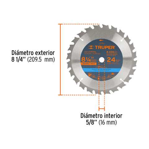 Disco sierra 8-1/4' para madera, 24 dientes centro 5/8' | ST-824 | 18302