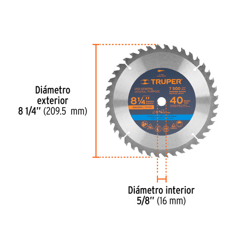 Disco sierra 8-1/4' para madera, 40 dientes centro 5/8' | ST-840 | 18303