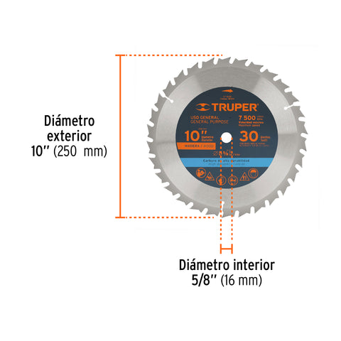 Disco sierra 10' para madera, 30 dientes centro 5/8', Truper | ST-1030 | 18304