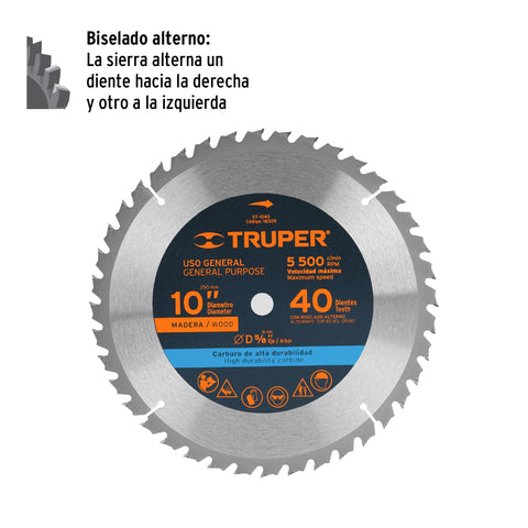Disco sierra 10' para madera, 40 dientes centro 5/8', Truper | ST-1040 | 18305