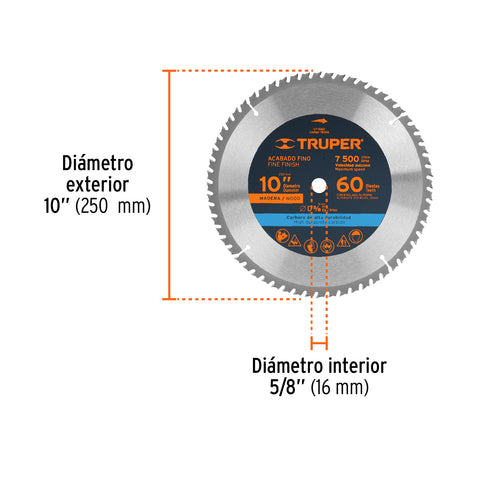 Disco sierra 10' para madera, 60 dientes centro 5/8', Truper | ST-1060 | 18306