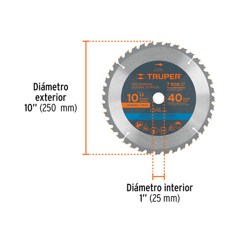 Disco sierra 10' para madera, 40 dientes centro 1', Truper | ST-1040E | 18307