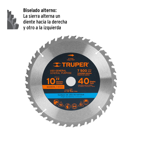 Disco sierra 10' para madera, 40 dientes centro 1', Truper | ST-1040E | 18307