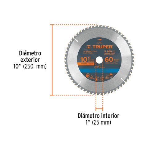 Disco sierra 10' para madera, 60 dientes centro 1', Truper | ST-1060E | 18308