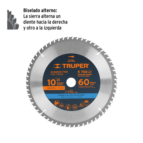 Disco sierra 10' para madera, 60 dientes centro 1', Truper | ST-1060E | 18308