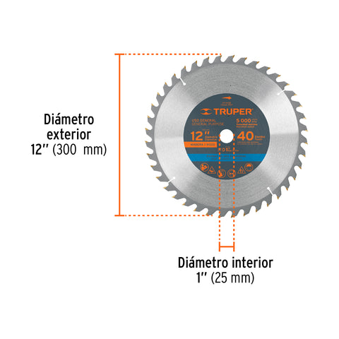 Disco sierra 12' para madera, 40 dientes centro 1', Truper | ST-1240E | 18311